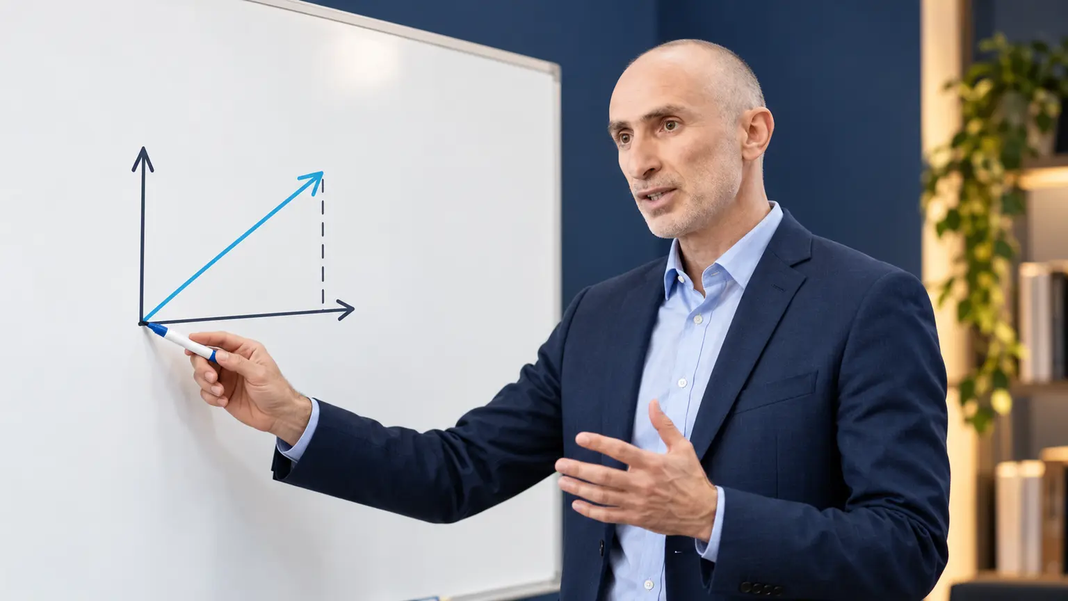 Hadi explaining a vector diagram on a whiteboard