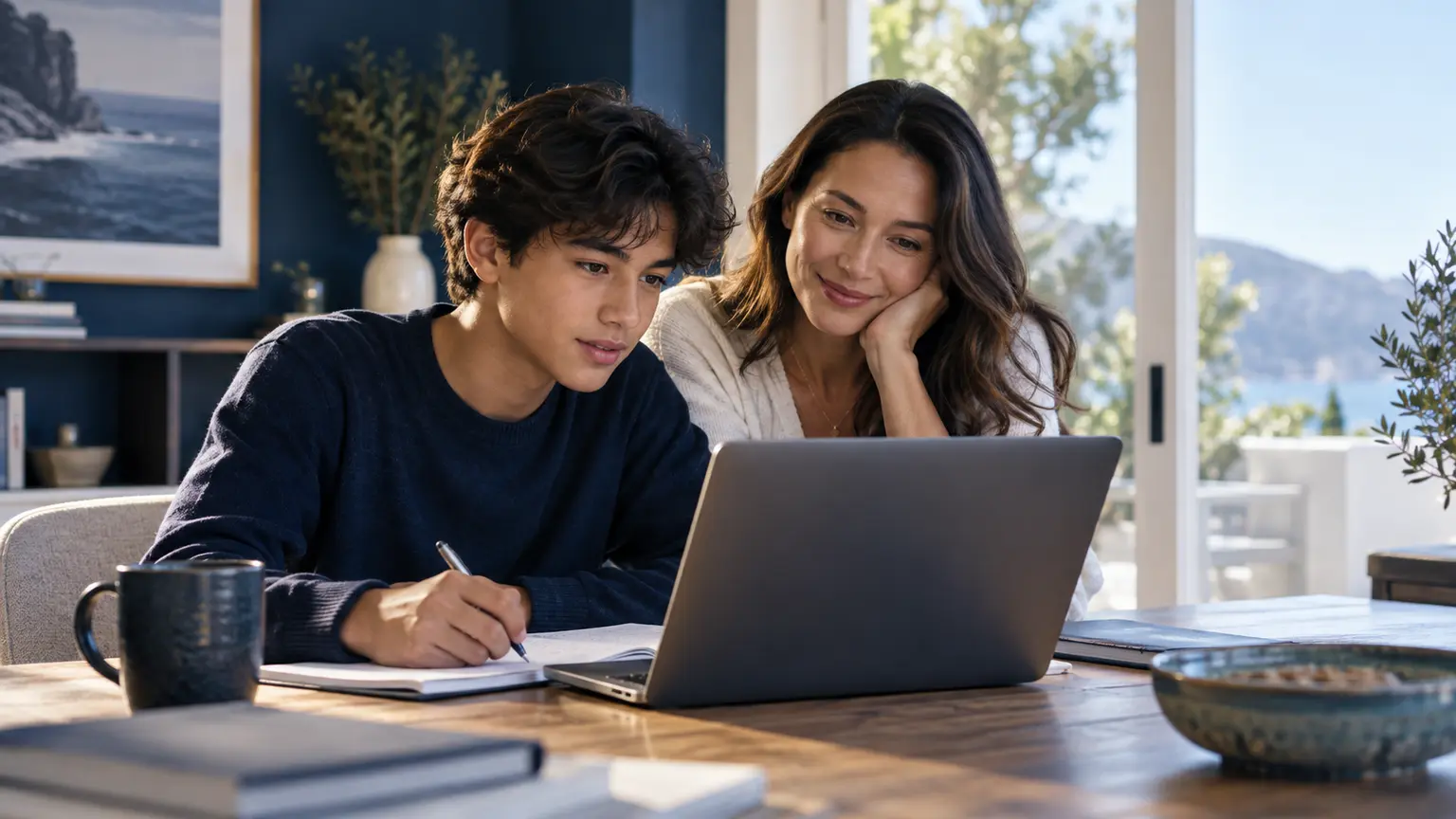 A parent and student discussing their learning plan online